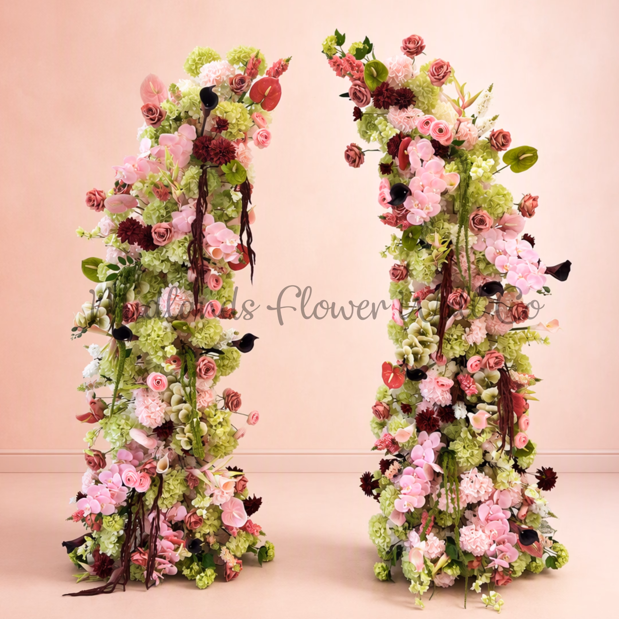 pink and green broken flower arch